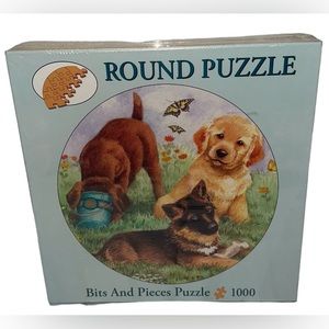 Bits and Pieces “” Round Jigsaw PLAYFUL PUPS IN A FIELD Puzzle 1000 piece